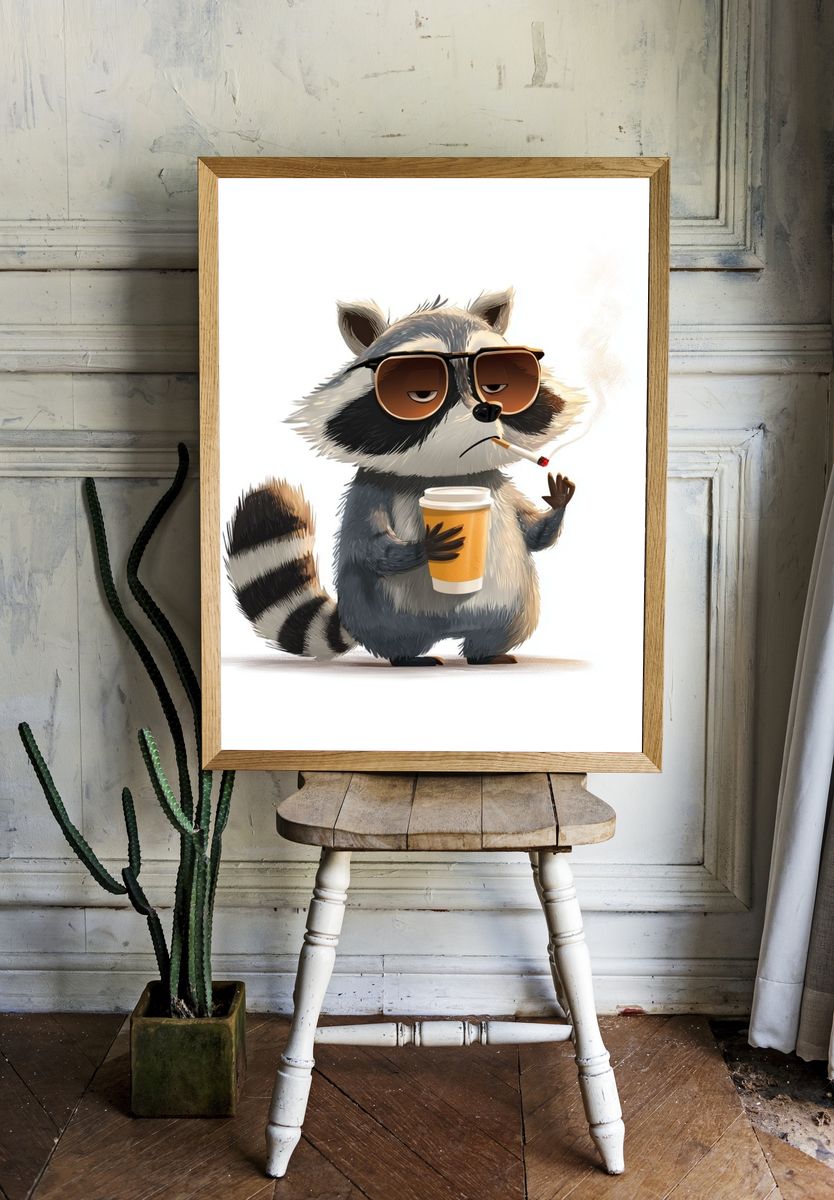 Cool Raccoon Coffee Illustration Poster. — room view 1