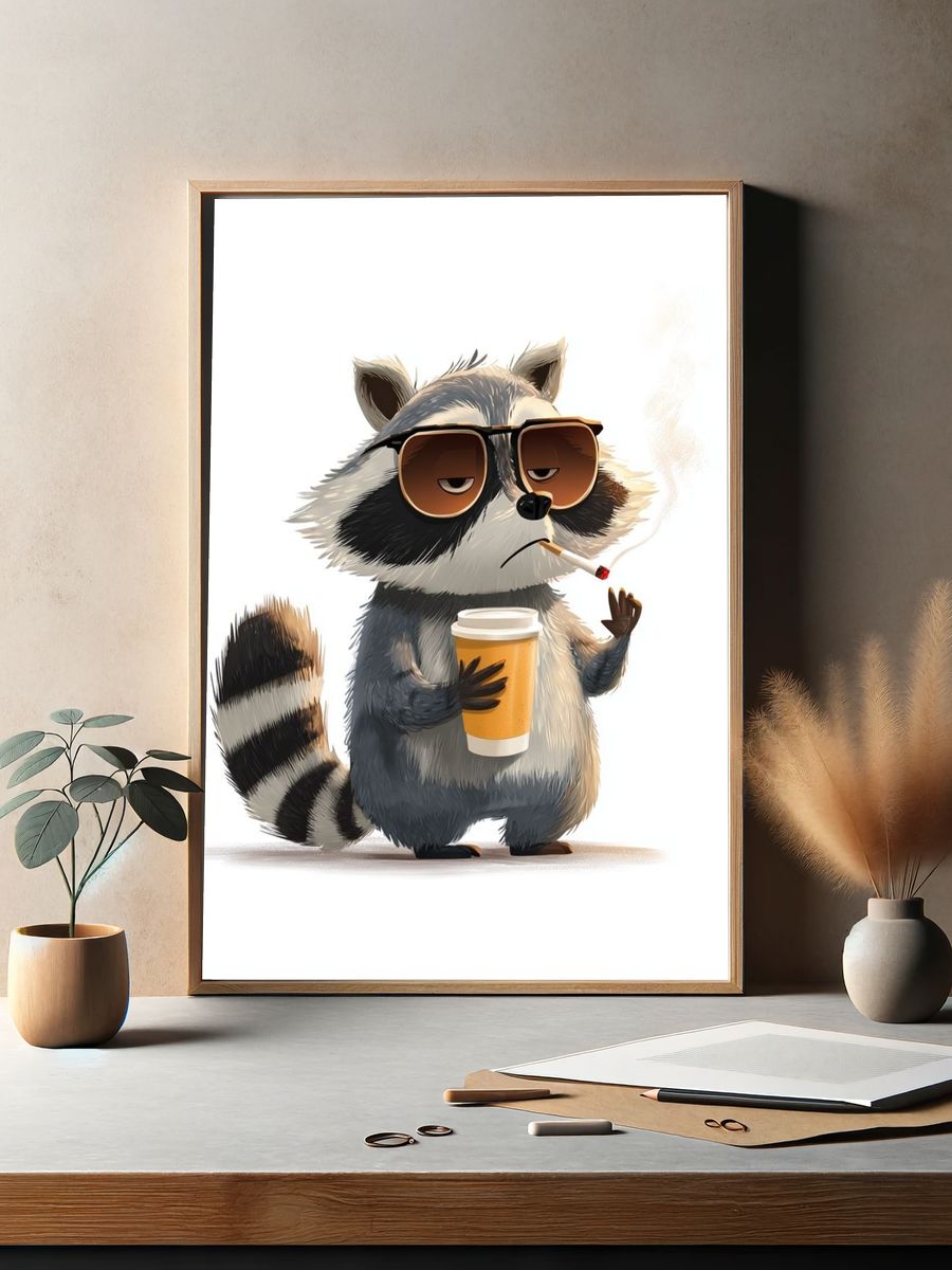 Cool Raccoon Coffee Illustration Poster. — room view 2