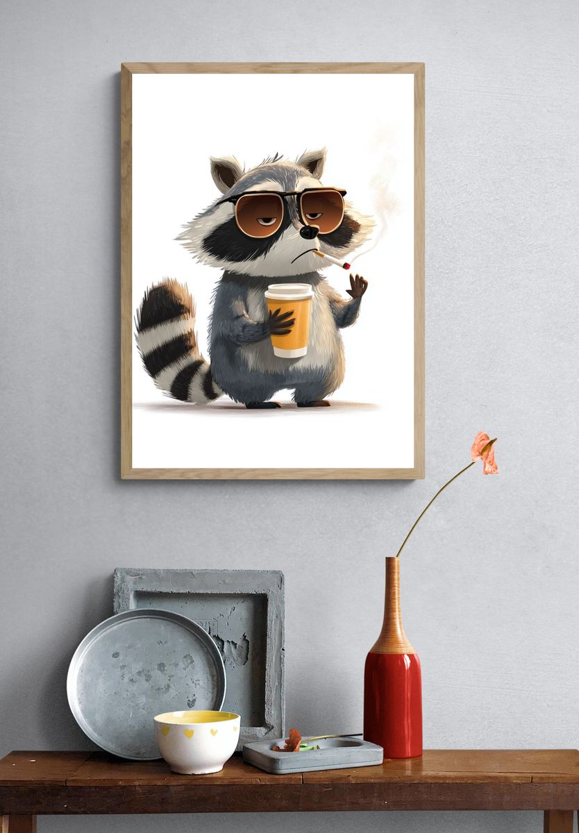 Cool Raccoon Coffee Illustration Poster. — room view 3
