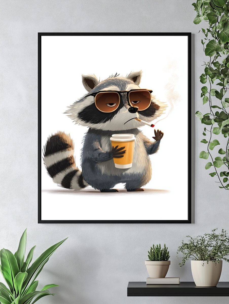 Cool Raccoon Coffee Illustration Poster. — room view 4