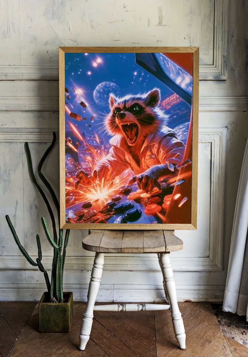 Raccoon Arcade Chaos Poster. room preview