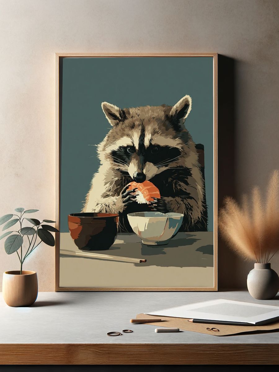 Raccoon Sushi Illustration Poster. — room view 2