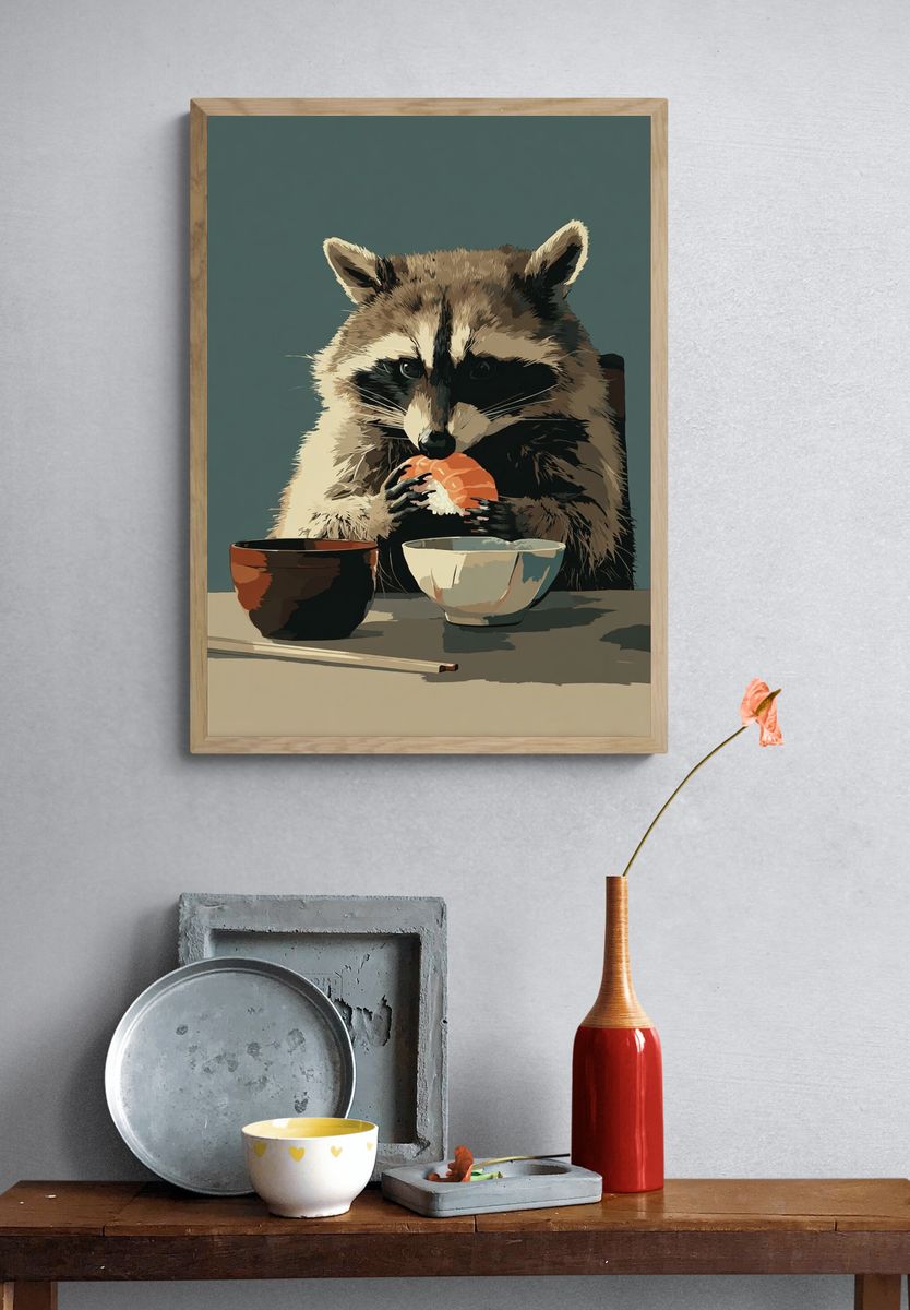 Raccoon Sushi Illustration Poster. — room view 3