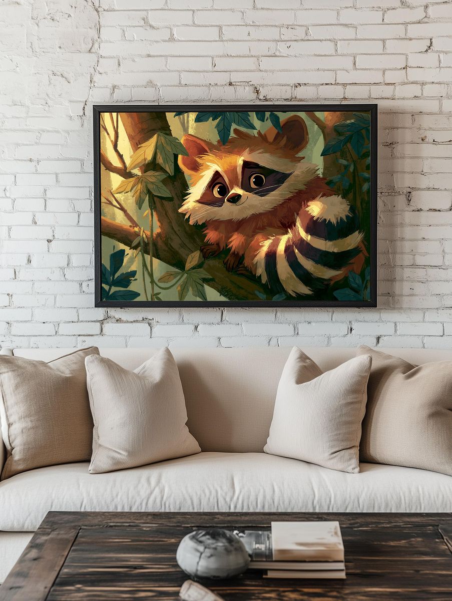 Cute Raccoon in Forest Illustration Poster. room preview