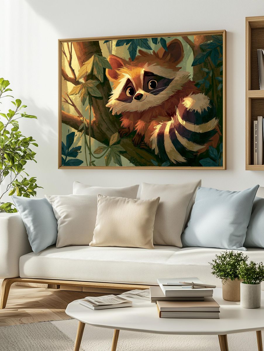 Cute Raccoon in Forest Illustration Poster. — room view 2