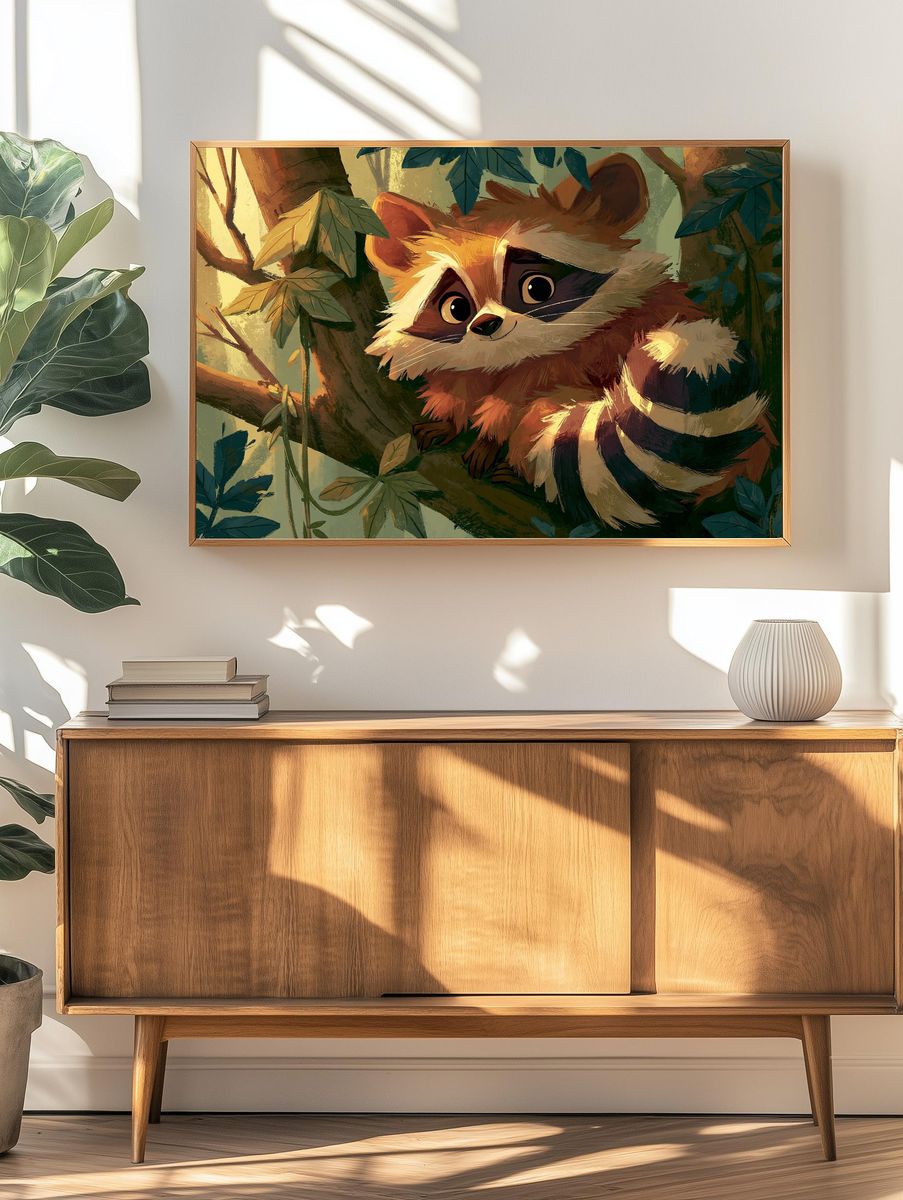 Cute Raccoon in Forest Illustration Poster. — room view 3