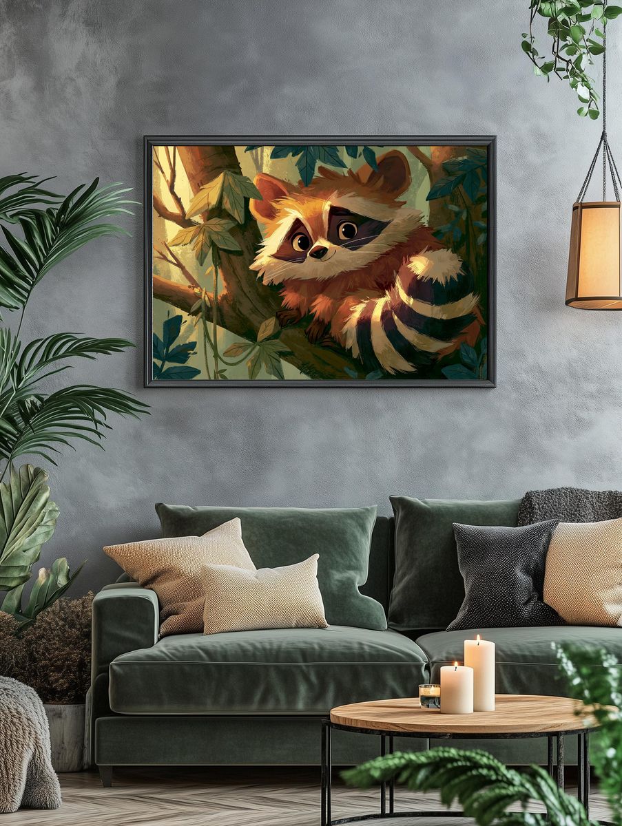 Cute Raccoon in Forest Illustration Poster. — room view 4
