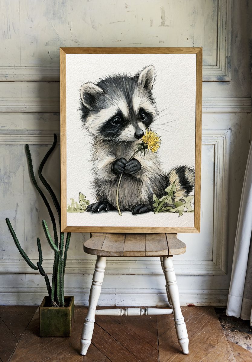 Baby Raccoon Watercolor Poster. room preview