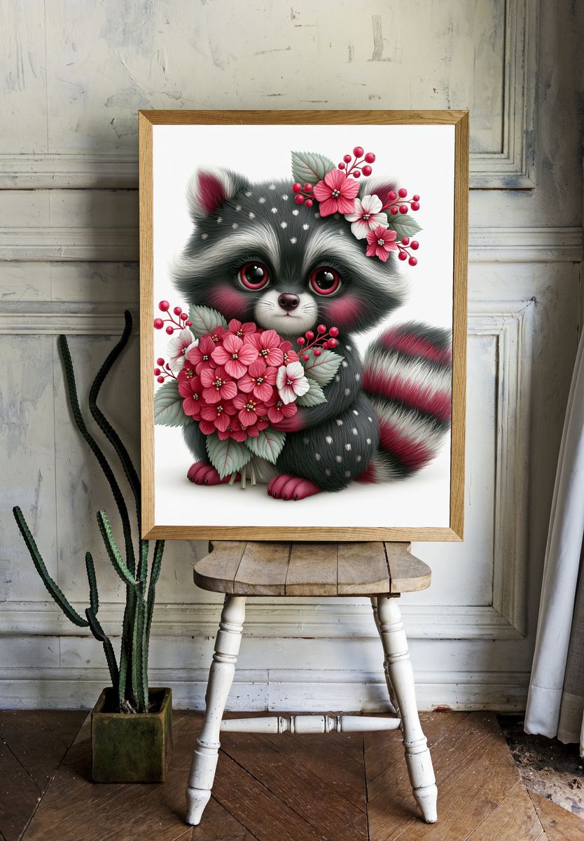 Floral Raccoon Portrait Poster. room preview