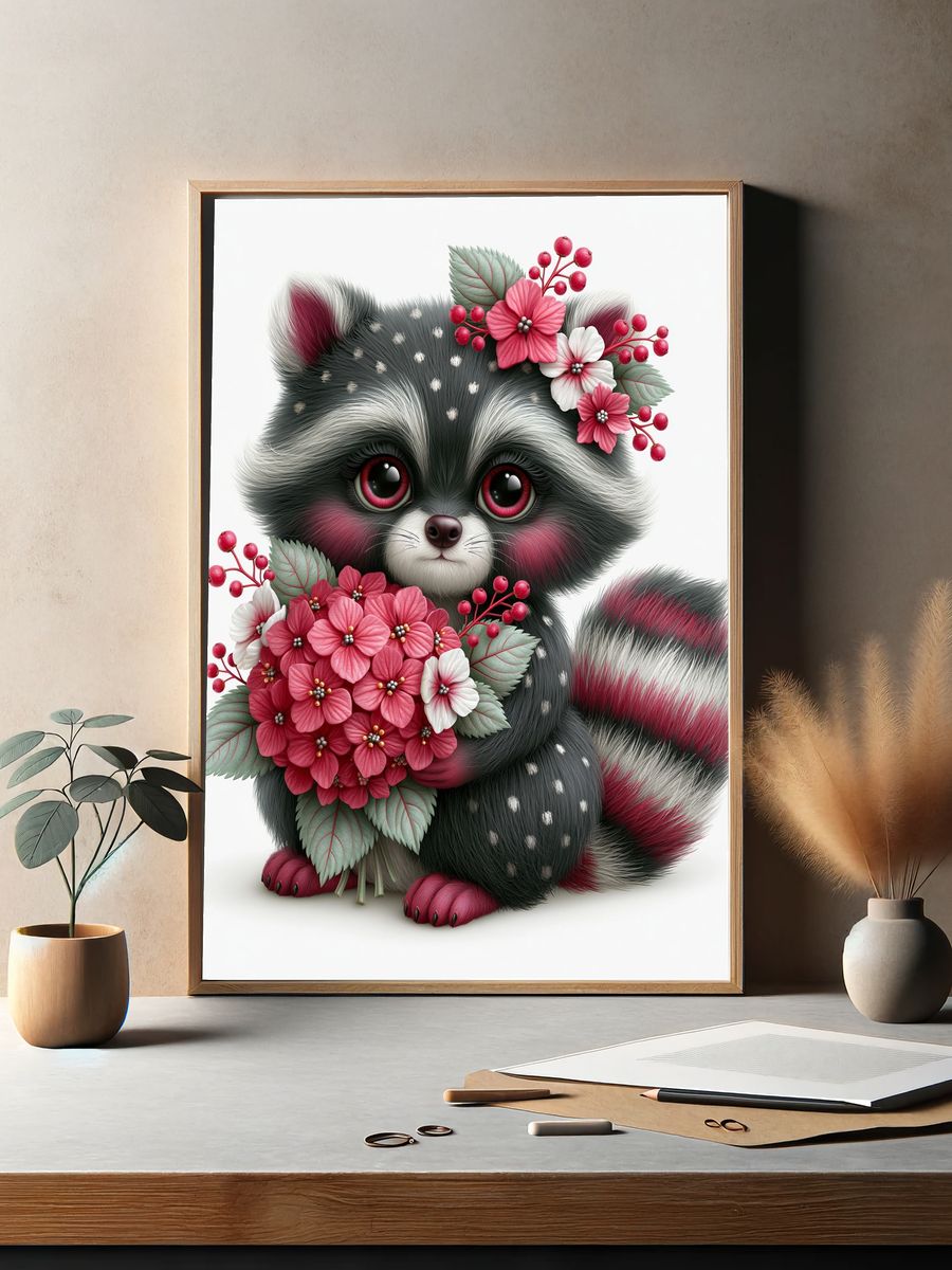 Floral Raccoon Portrait Poster. — room view 2
