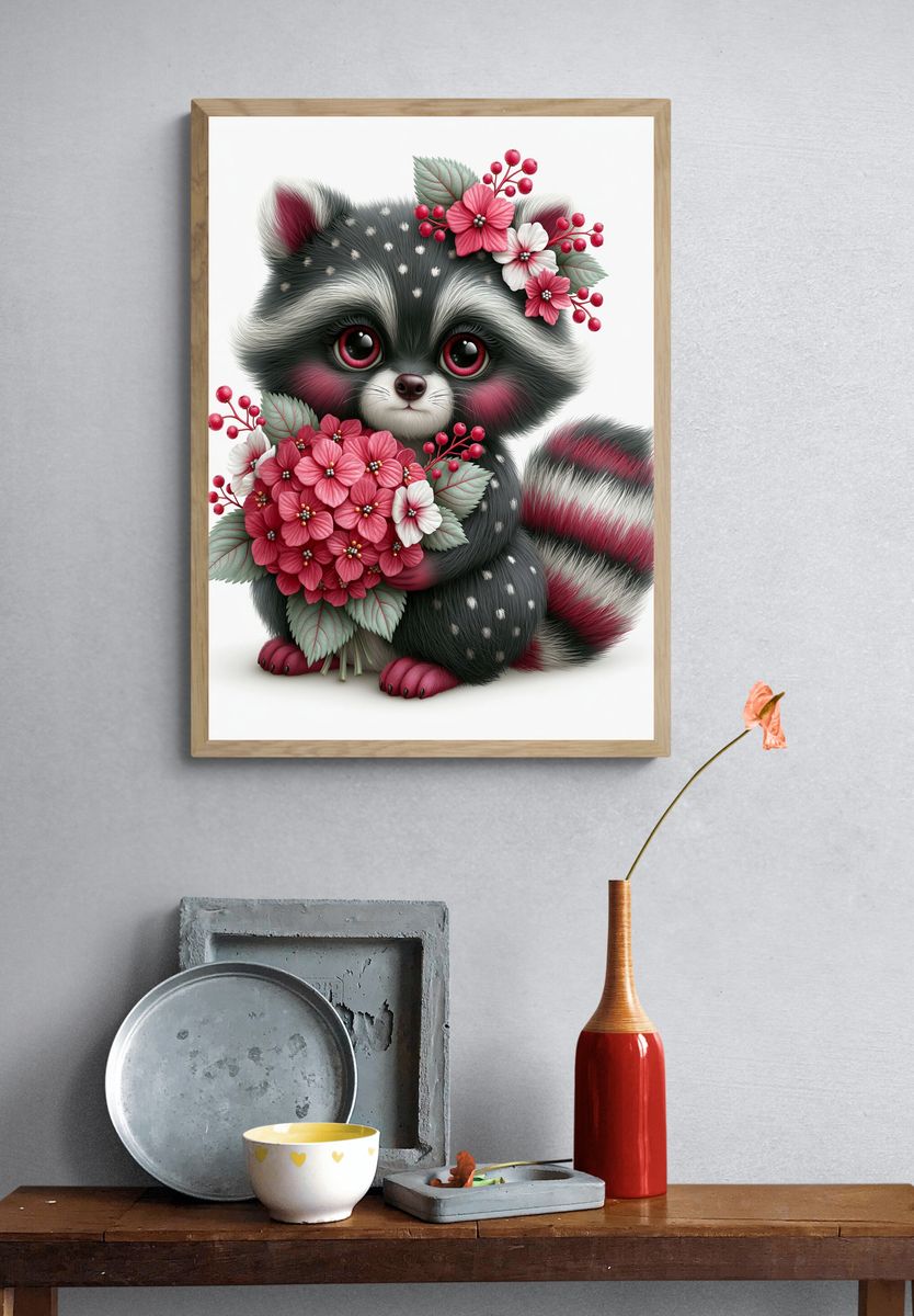 Floral Raccoon Portrait Poster. — room view 3