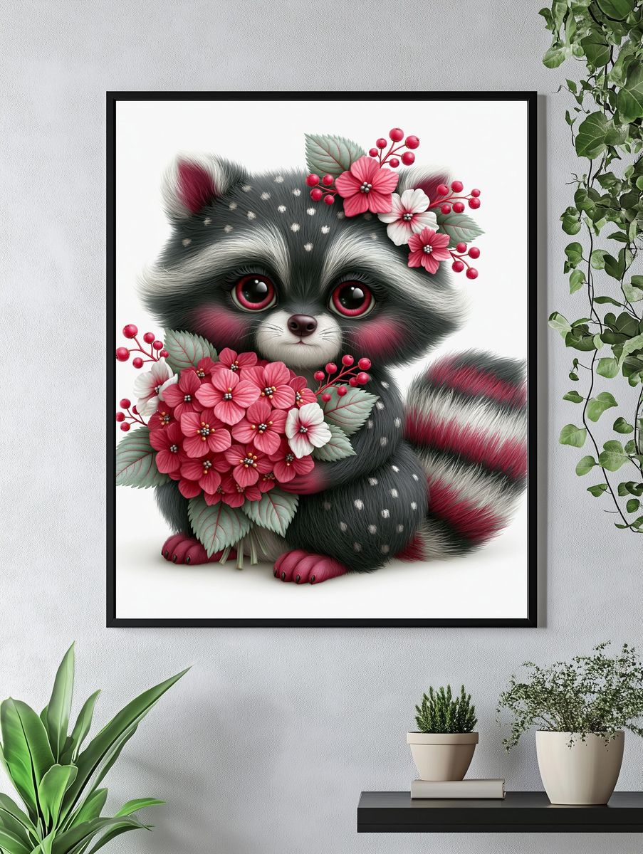 Floral Raccoon Portrait Poster. — room view 4