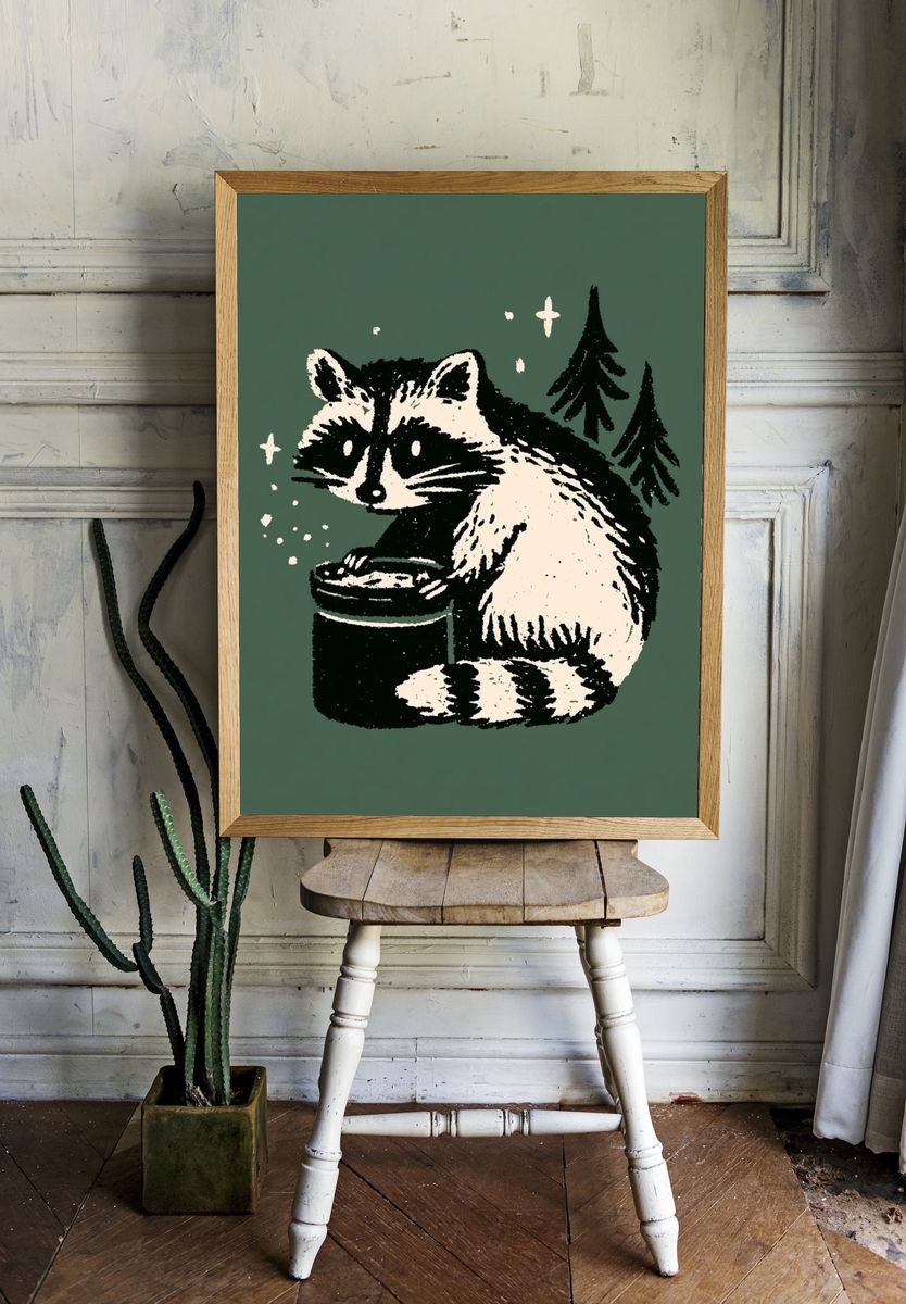 Raccoon Forest Night Print. — room view 1