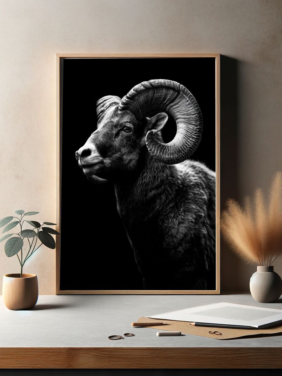 Ram Portrait Black-White Poster. — room view 2