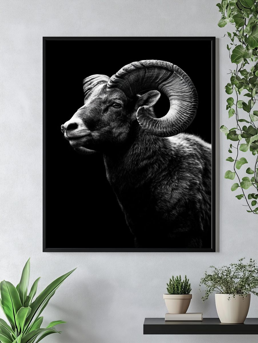 Ram Portrait Black-White Poster. — room view 4