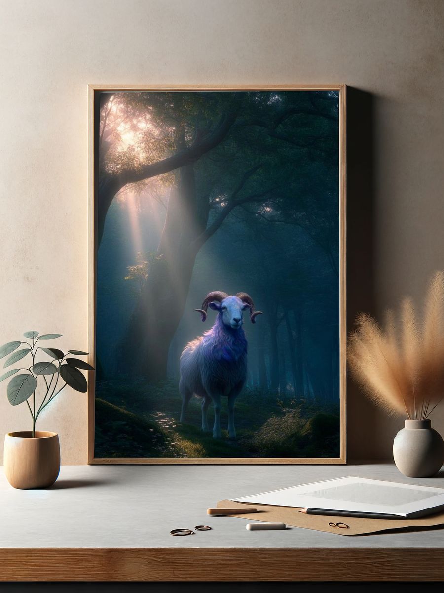 Mystical Ram in Forest — Nature Print. — room view 2