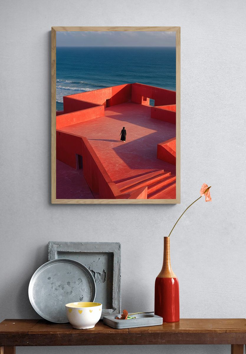 Red Seaside Architecture Photography Poster. — room view 3
