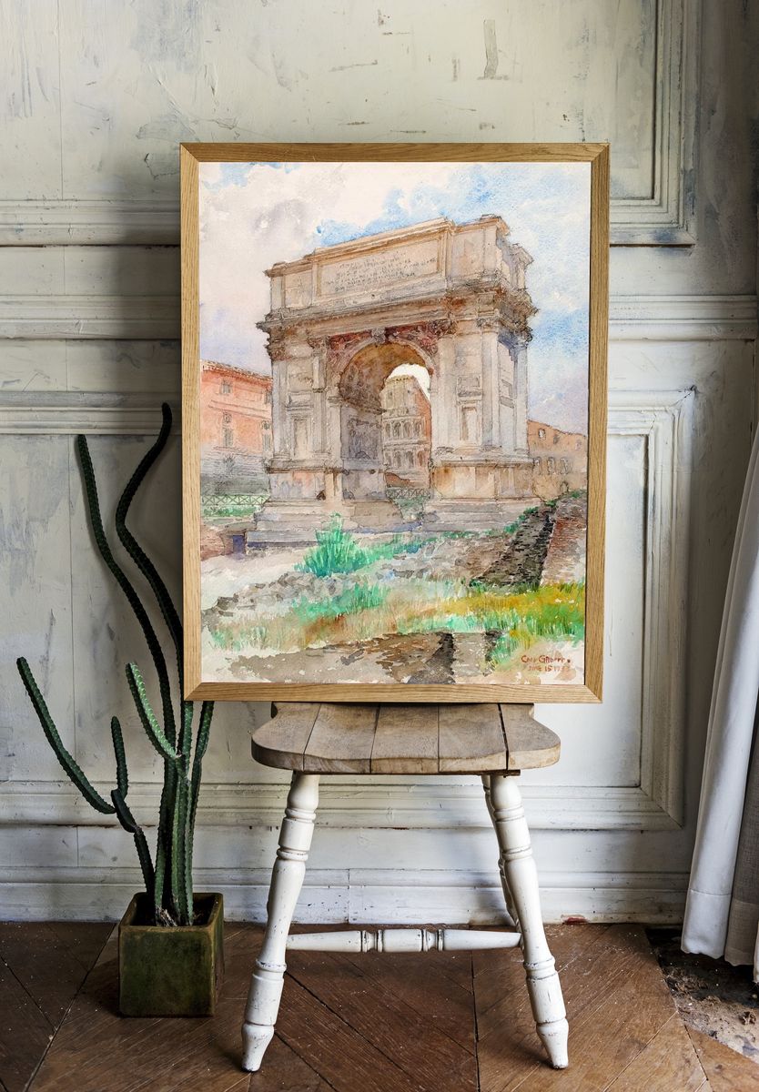 Roman Arch Watercolor Travel Print. room preview