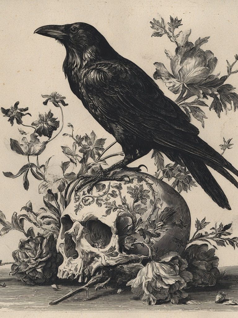 Raven and Skull Vintage Print. poster detail