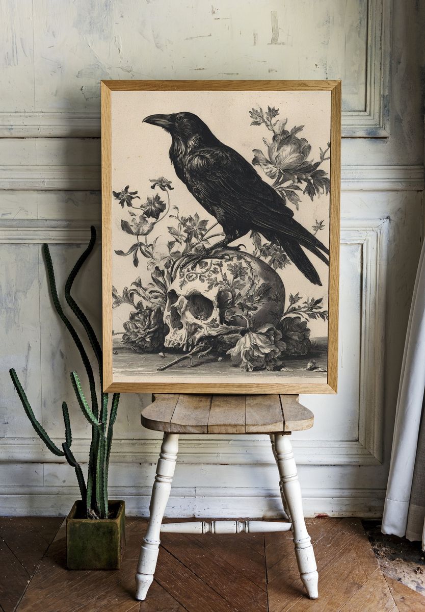 Raven and Skull Vintage Print. — room view 1