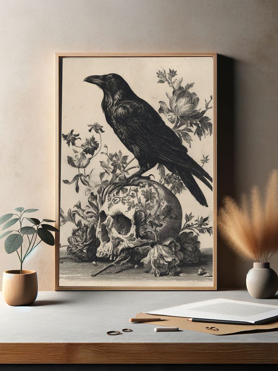 Raven and Skull Vintage Print. — room view 2