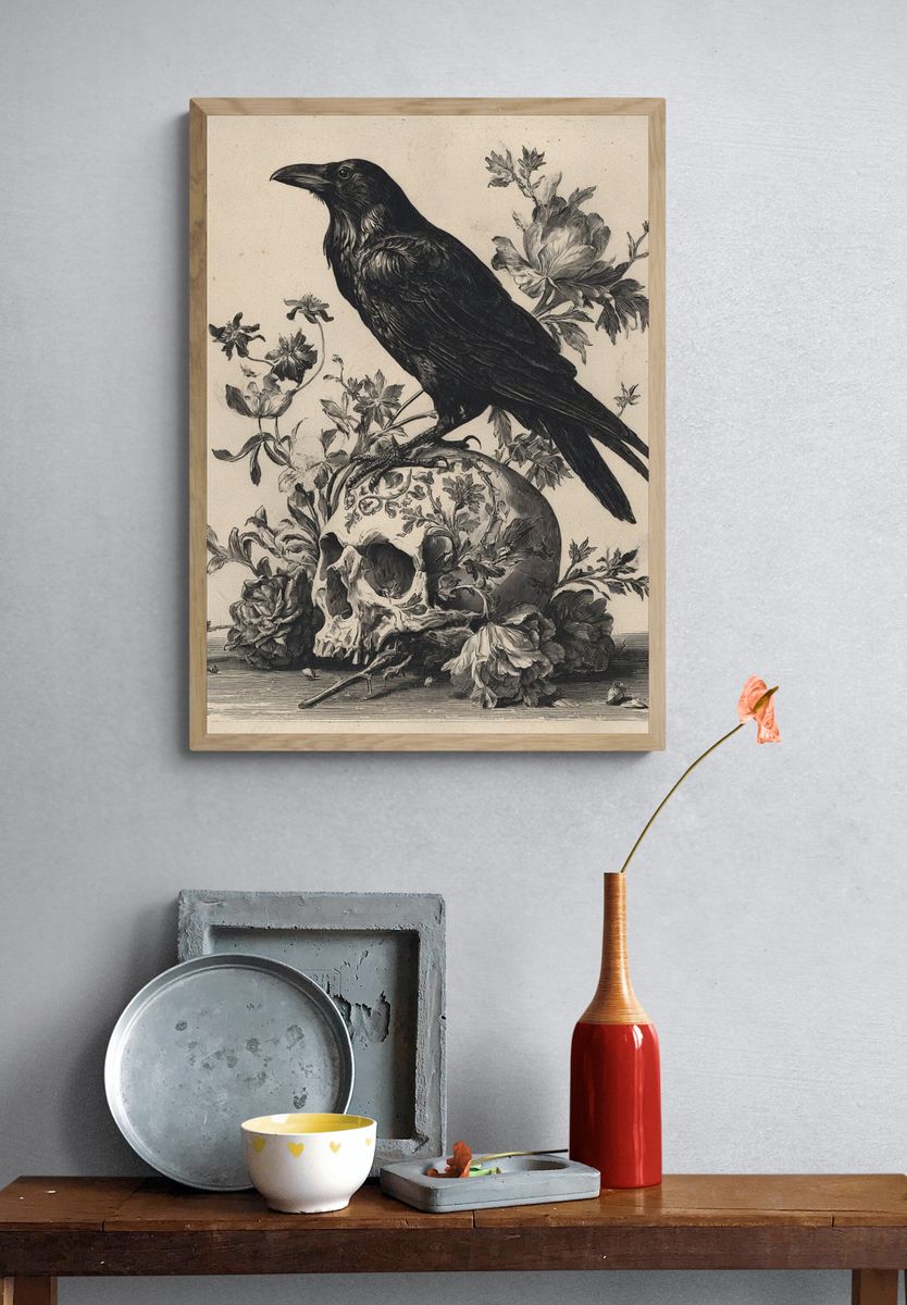 Raven and Skull Vintage Print. — room view 3