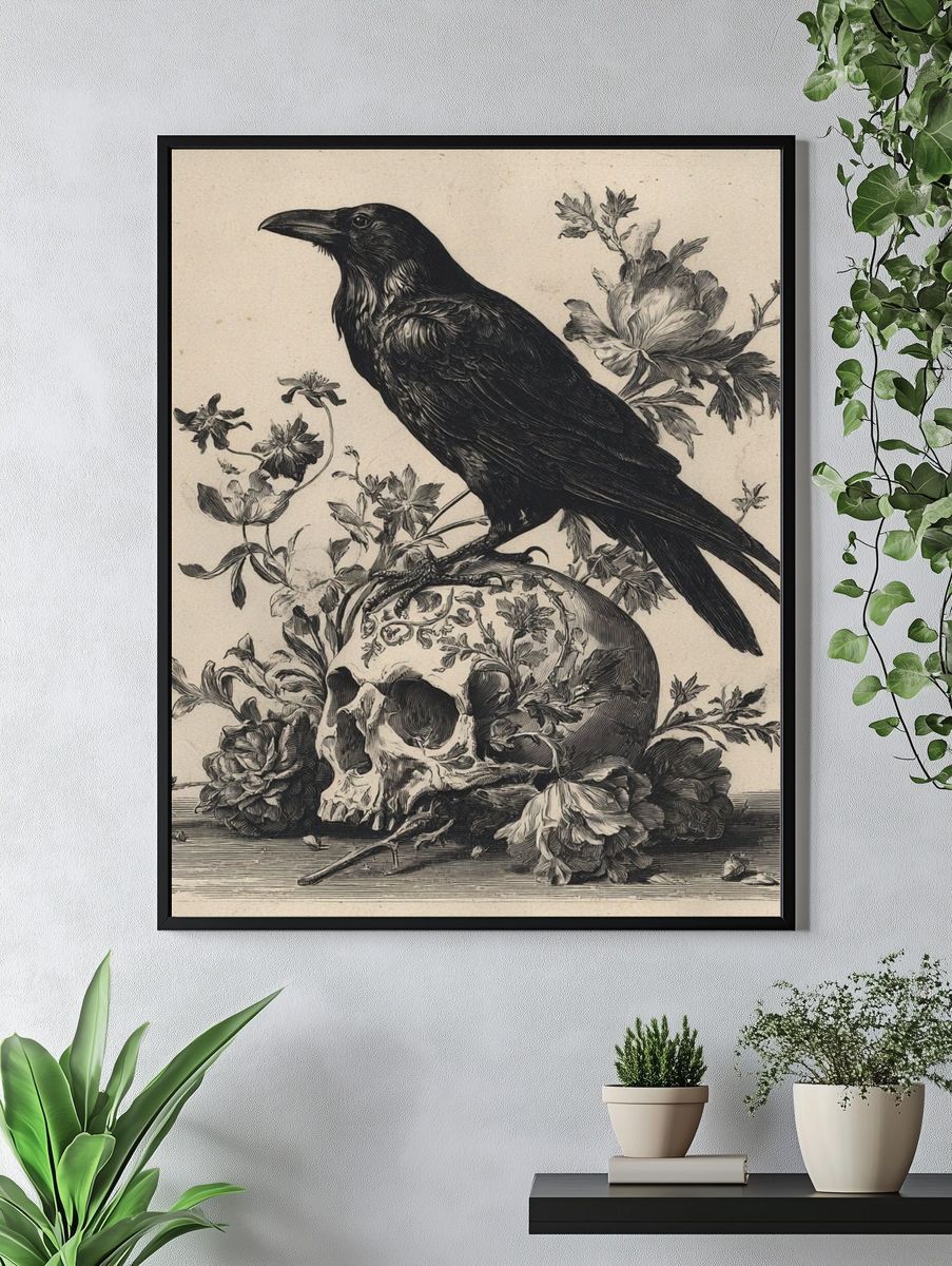 Raven and Skull Vintage Print. — room view 4