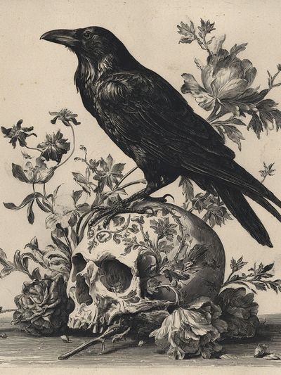 Raven and Skull Vintage Print. poster print