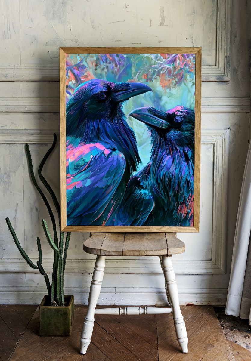 Neon Ravens Illustration Poster. room preview