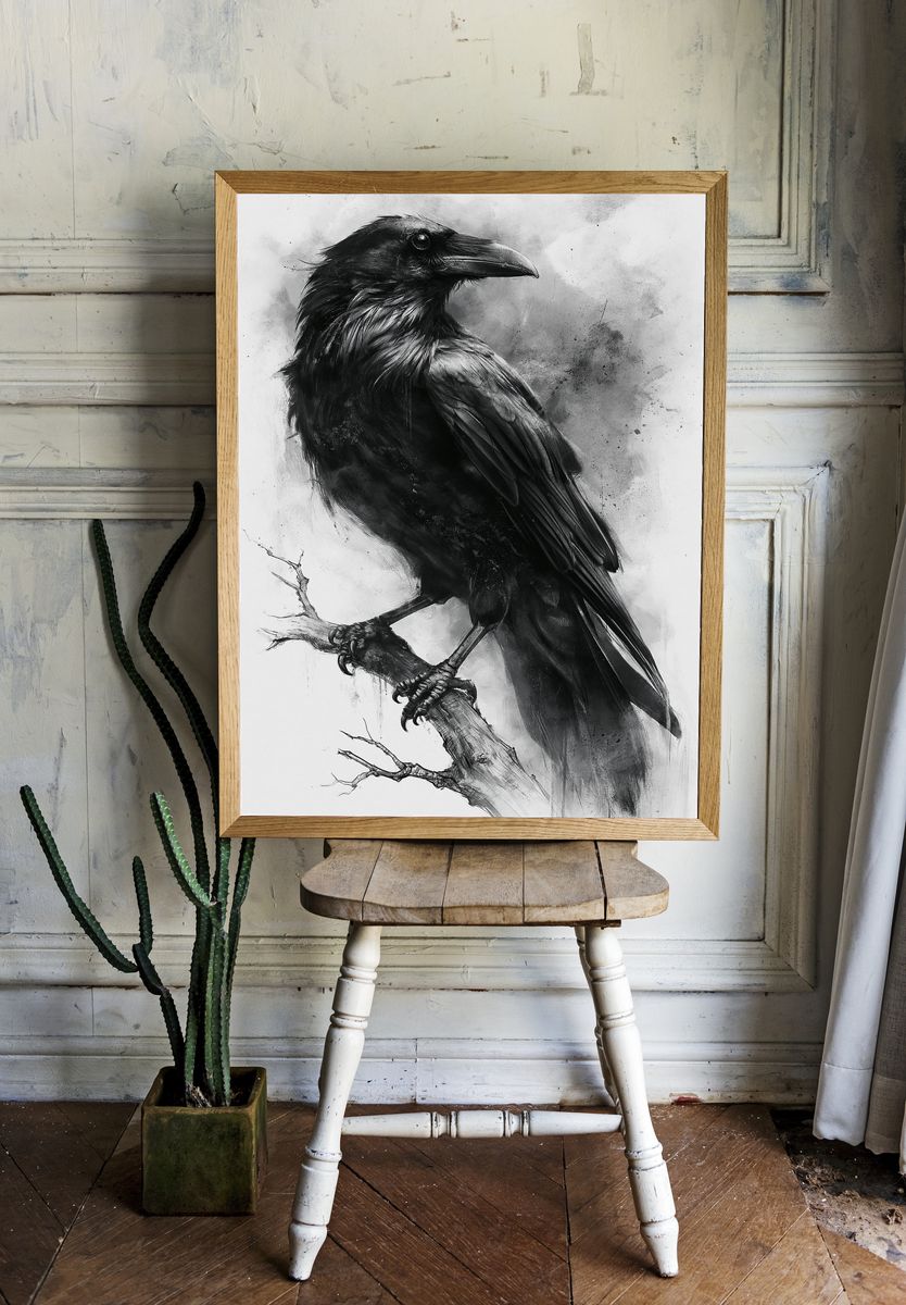 Raven Ink Wash Poster. room preview