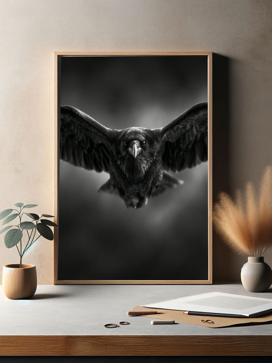 Raven in Flight Photography Poster. — room view 2