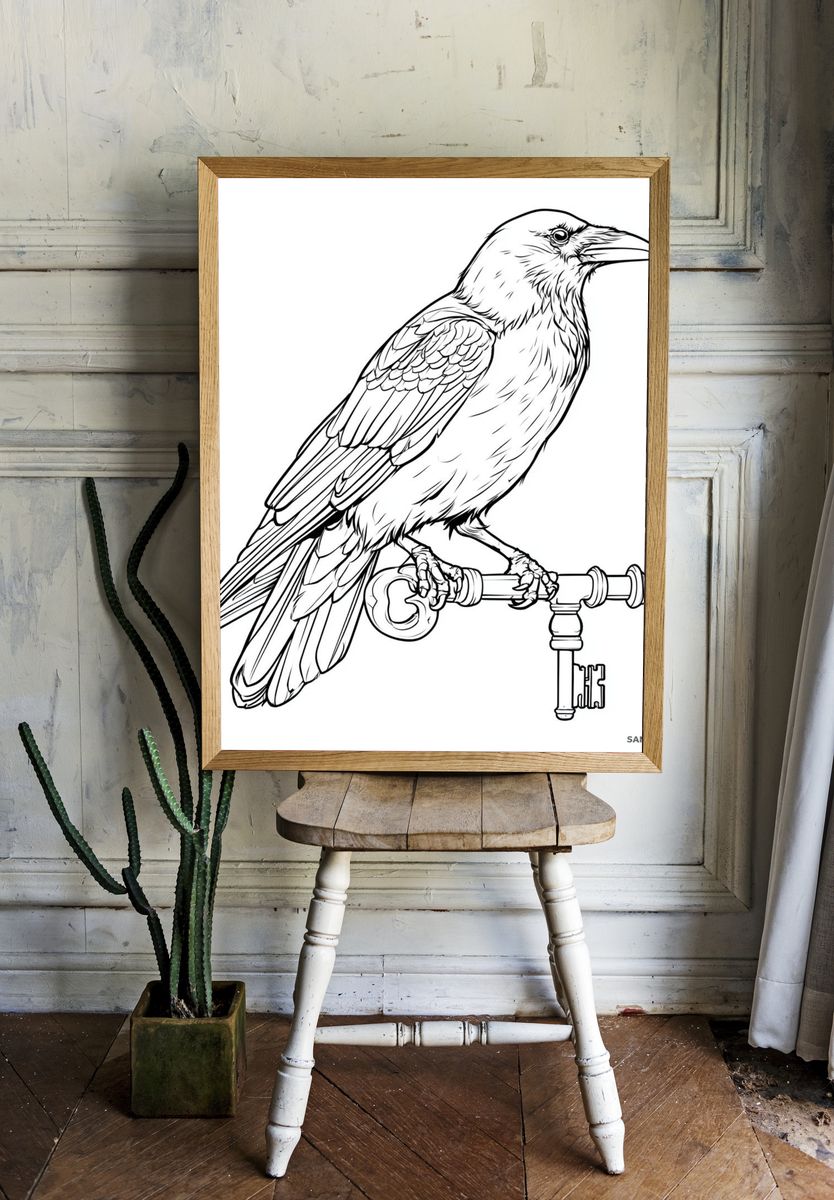 Raven on Key Illustration Print. room preview