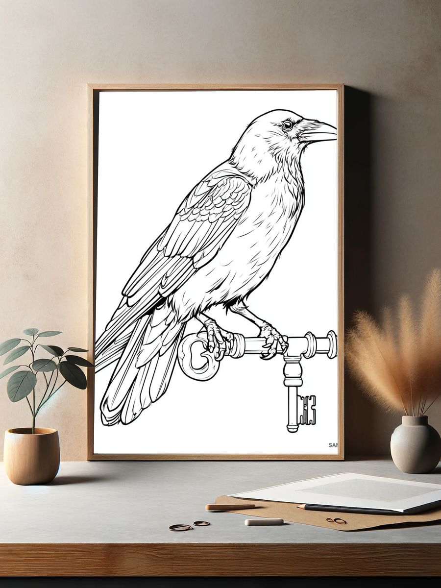 Raven on Key Illustration Print. — room view 2