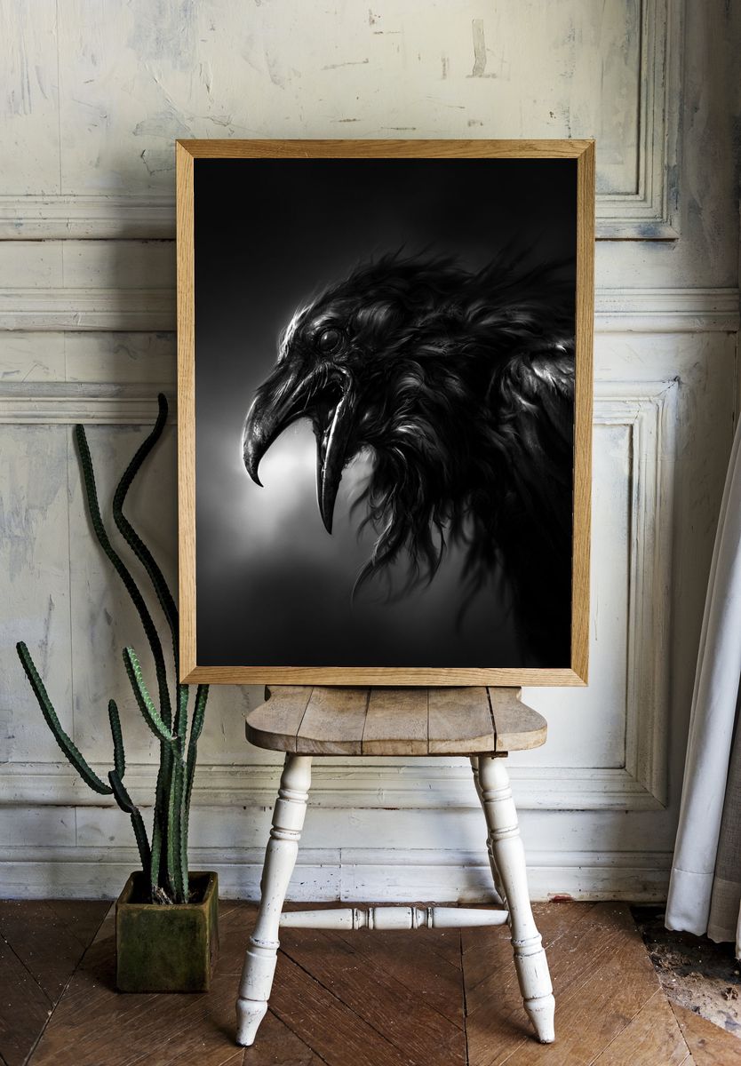 Raven Portrait Black-White Print. — room view 1