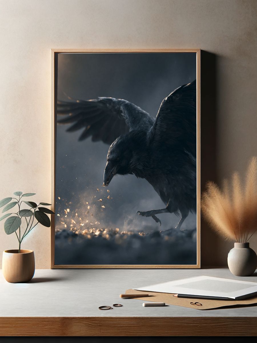 Raven in Flight Photography Poster. — room view 2