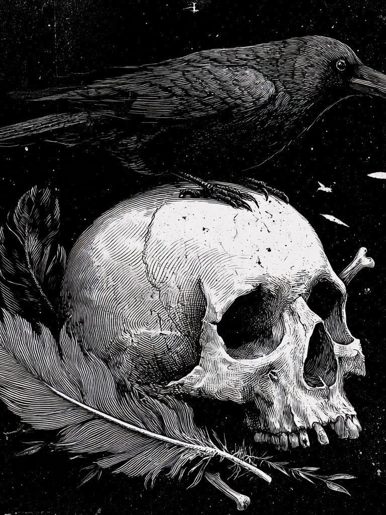 Raven and Skull — Gothic Art Print. poster — illustration art