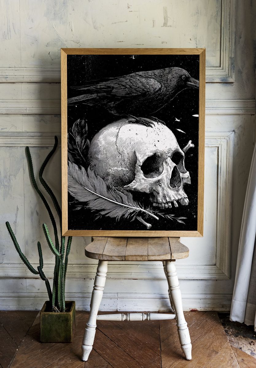 Raven and Skull — Gothic Art Print. — room view 1