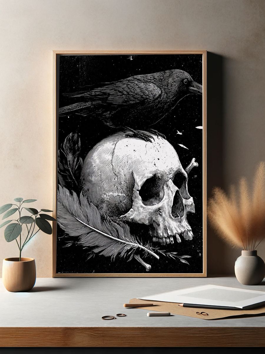 Raven and Skull — Gothic Art Print. — room view 2