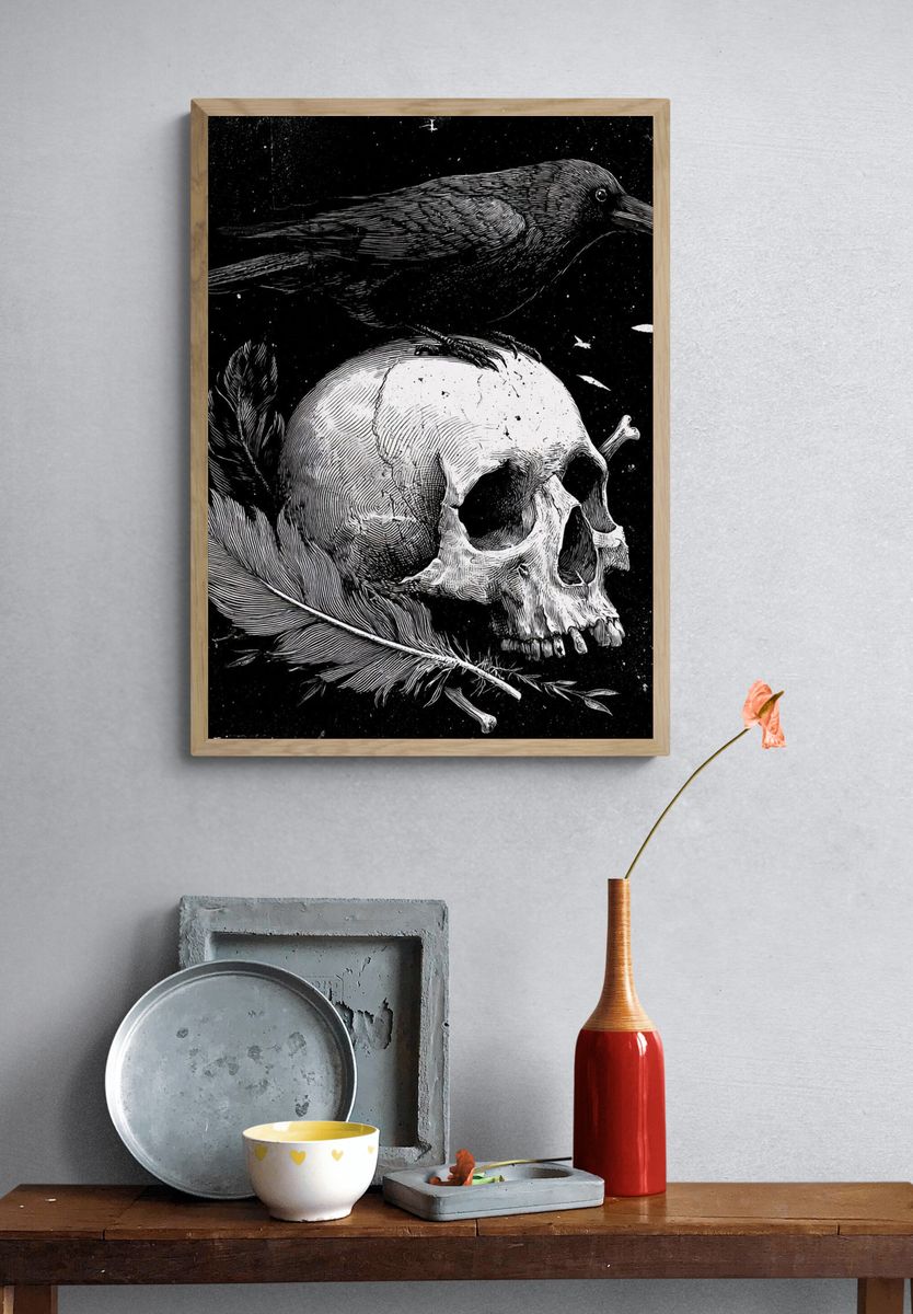 Raven and Skull — Gothic Art Print. — room view 3