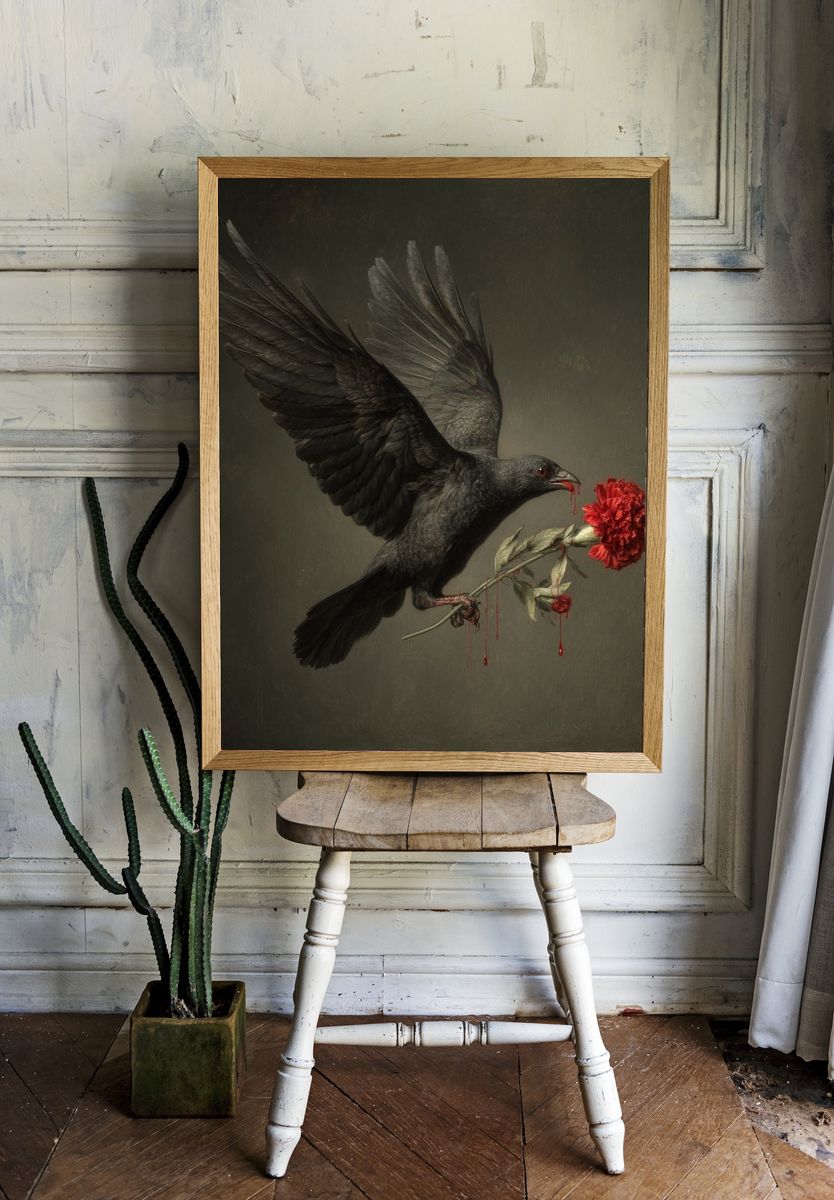 Black Raven with Red Carnation Print. — room view 1