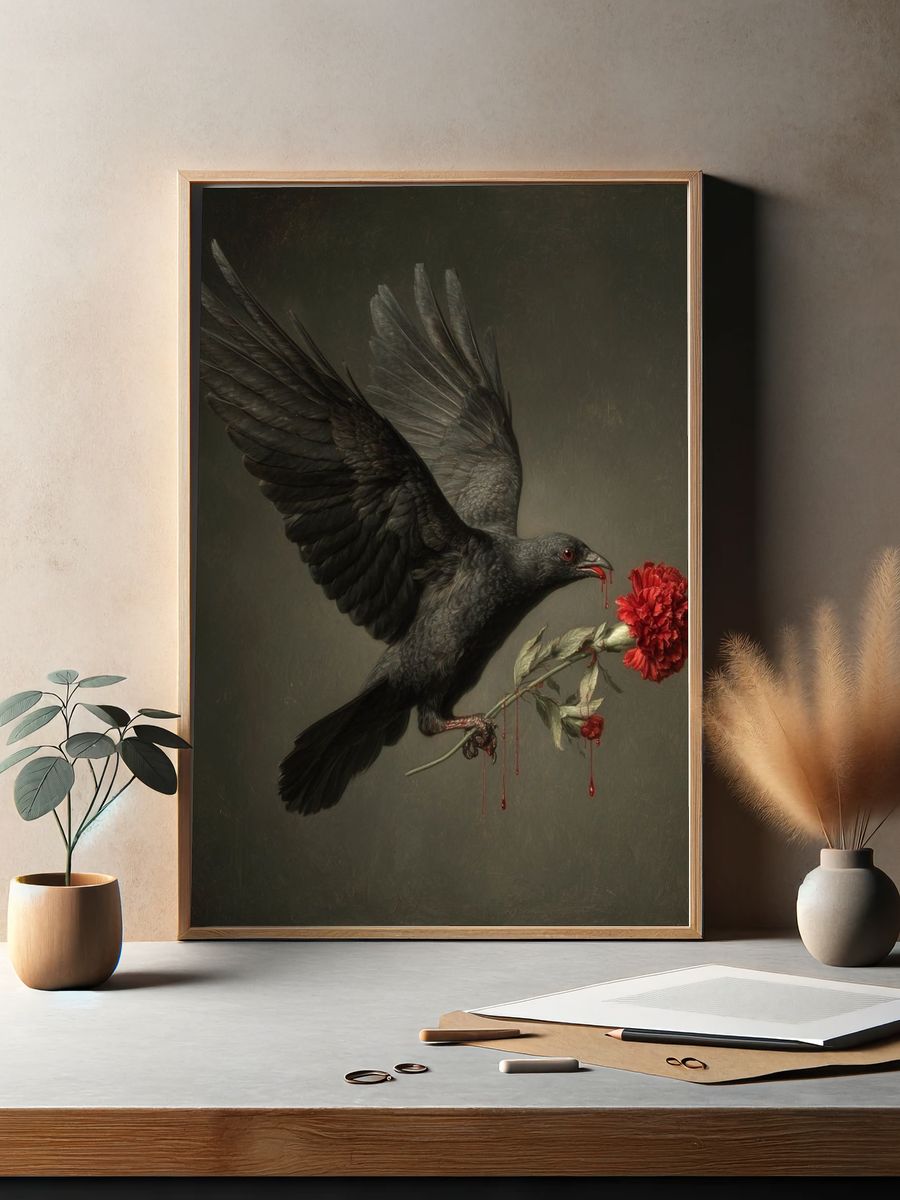 Black Raven with Red Carnation Print. — room view 2