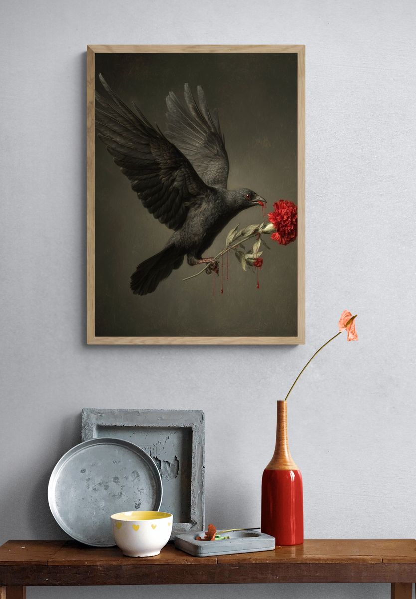 Black Raven with Red Carnation Print. — room view 3