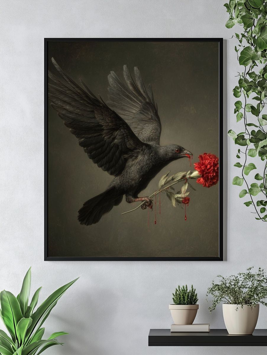 Black Raven with Red Carnation Print. — room view 4