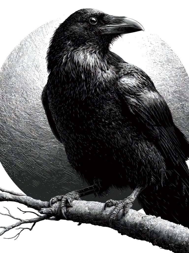 Raven on Branch Black-White Print. poster detail
