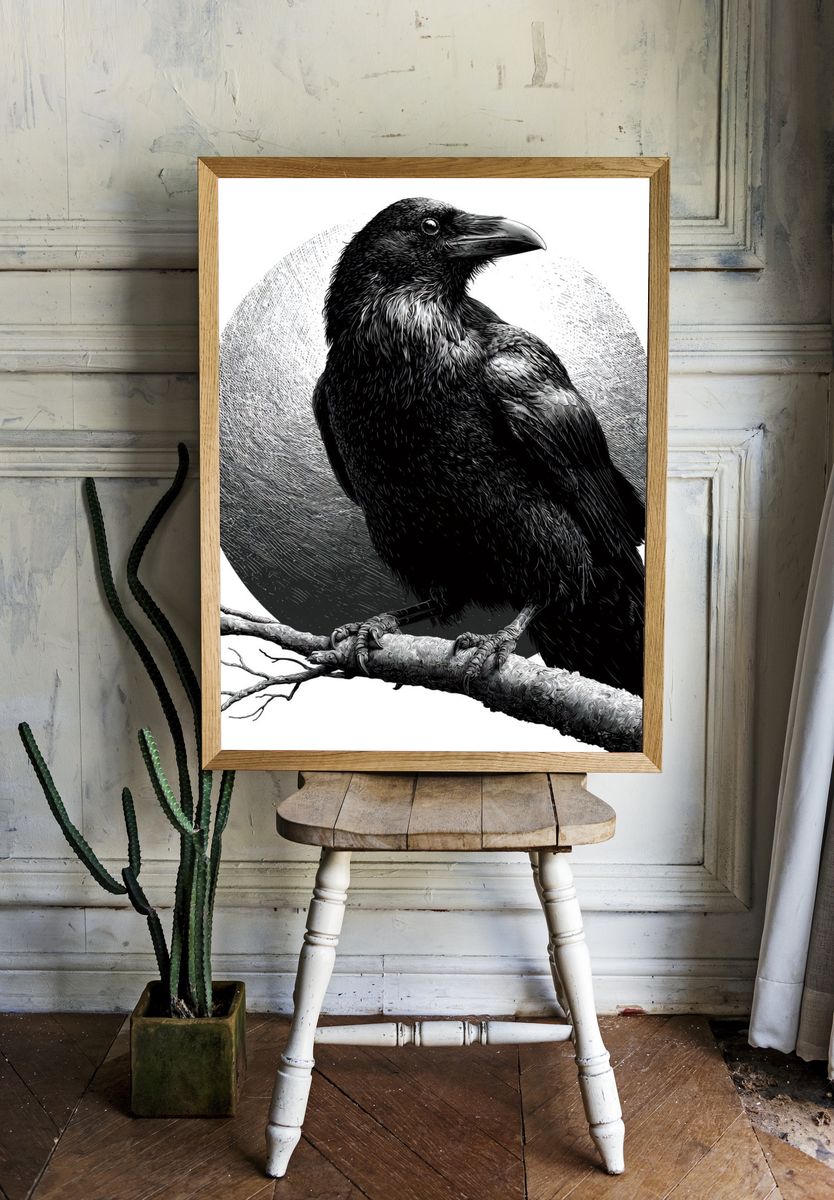 Raven on Branch Black-White Print. room preview