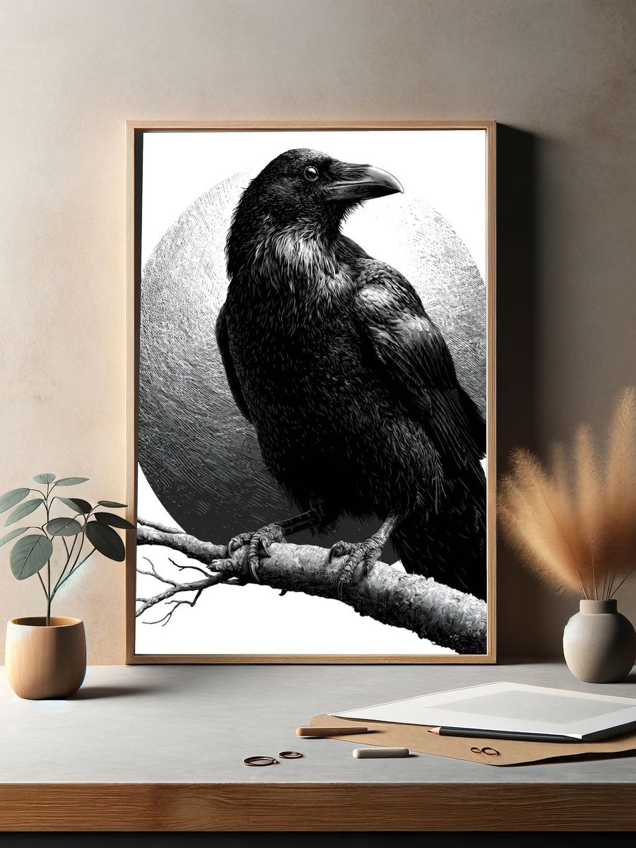 Raven on Branch Black-White Print. — room view 2