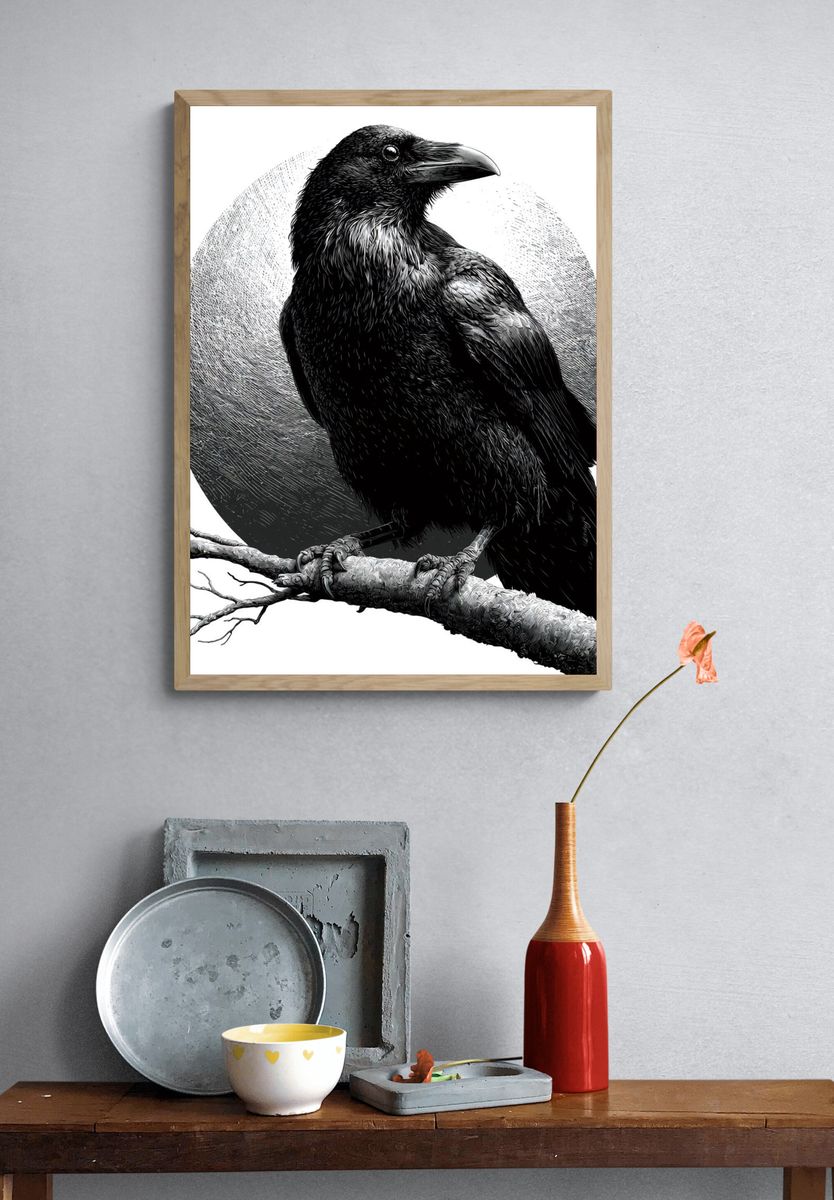 Raven on Branch Black-White Print. — room view 3