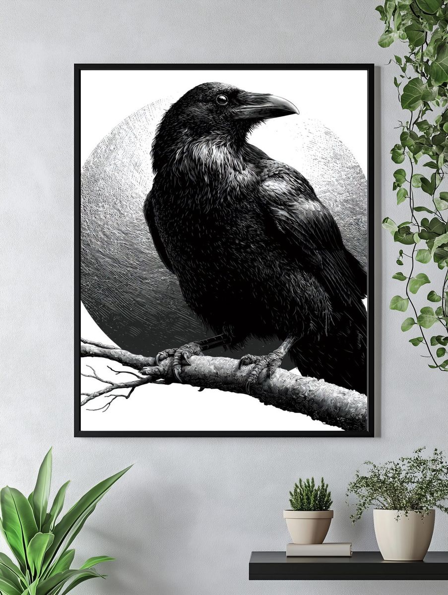 Raven on Branch Black-White Print. — room view 4