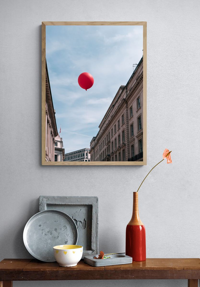 Red Balloon Cityscape Photography Poster. — room view 3