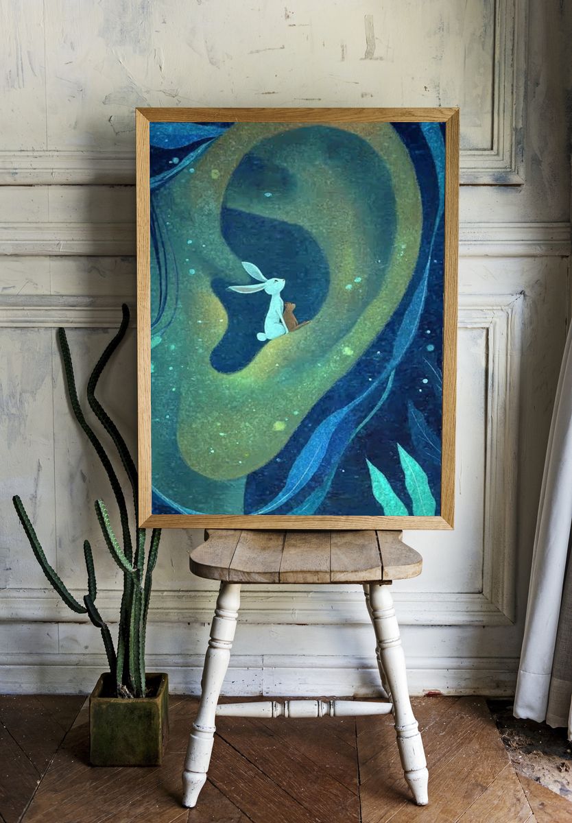 Whimsical Rabbit and Bear Illustration Poster. — room view 1